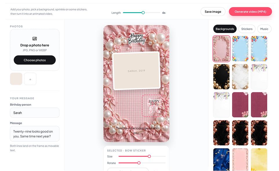 Grid of birthday video templates shown inside the PartyReel online editor